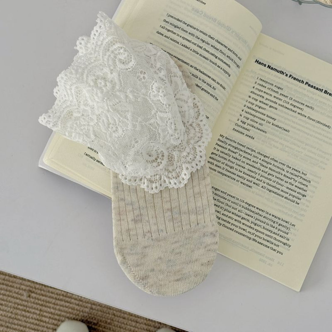 Close-up of lace trim on Rufia romantic crew sock highlighting fine stitching