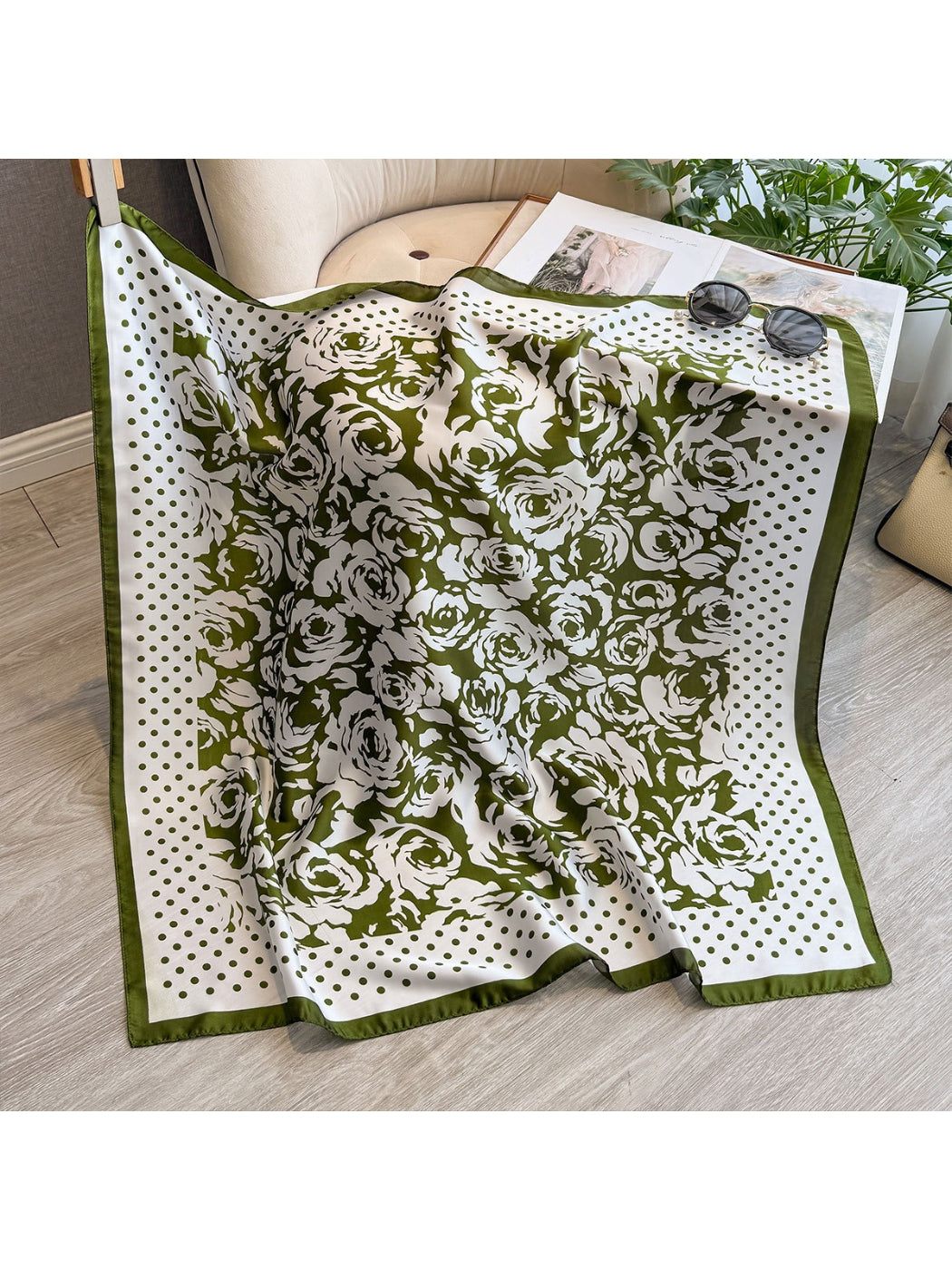 Scarvii - Rose Floral Polka Dot Square Scarf