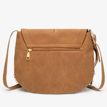 Cosbai - Vintage Brown Studded Fringe Saddle Bag