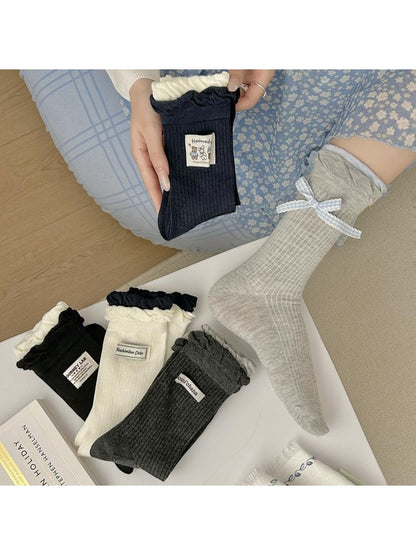 Rufia - Two-tone Ruffle Cuff Crew Socks