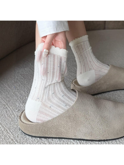 Rufia - Muted Polka Dot Ruffle Trim Crew Socks