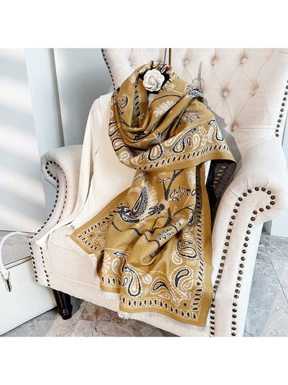 Scarvii - Printed Bird and Paisley Fringed Scarf