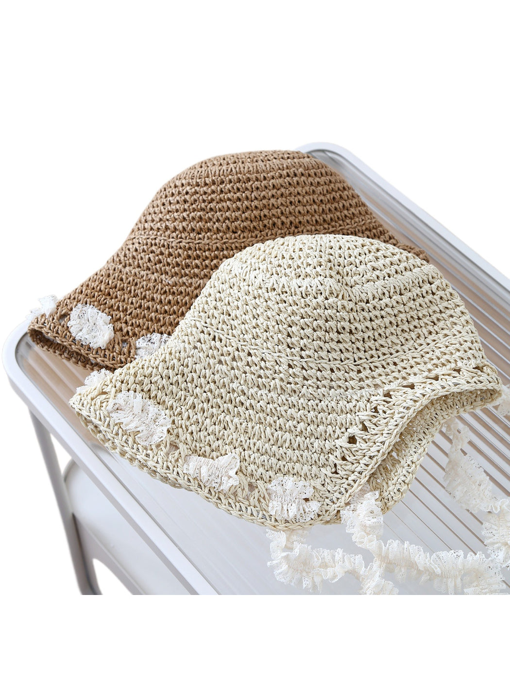 Side view of Haila lace trim woven bucket hat showing detailed texture