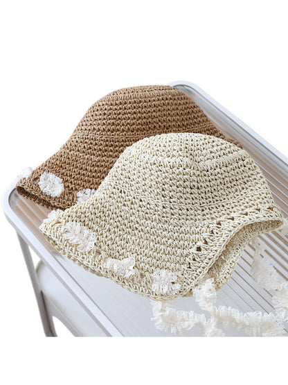 Side view of Haila lace trim woven bucket hat showing detailed texture