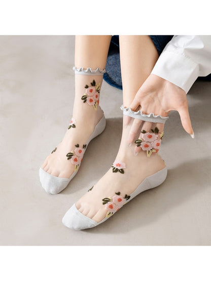 Rufia - Elegant Floral Pattern Ruffled Trim Crew Socks