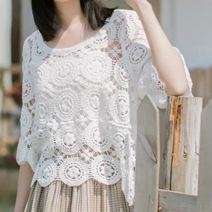 Crosa - Floral Crochet Lace Open-Knit Top Blouse