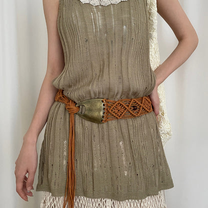 Beco Distressed Metal Woven Vintage Tassel Belt with woven texture and tassel detail