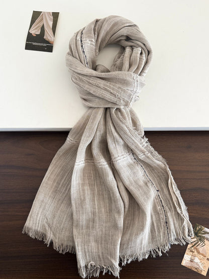 Scarvii - Gauzy Openwork Stripe Fringed Scarf