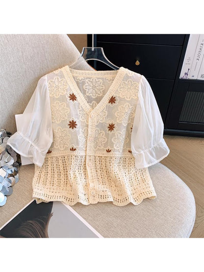 Crosa - V-Neck Hollow Out Floral Knit Cardigan