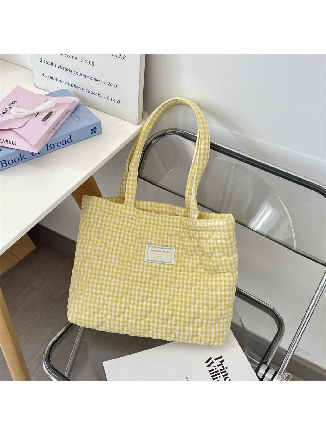 Cosbai - Tote Bag with Heart & Plaid Pattern