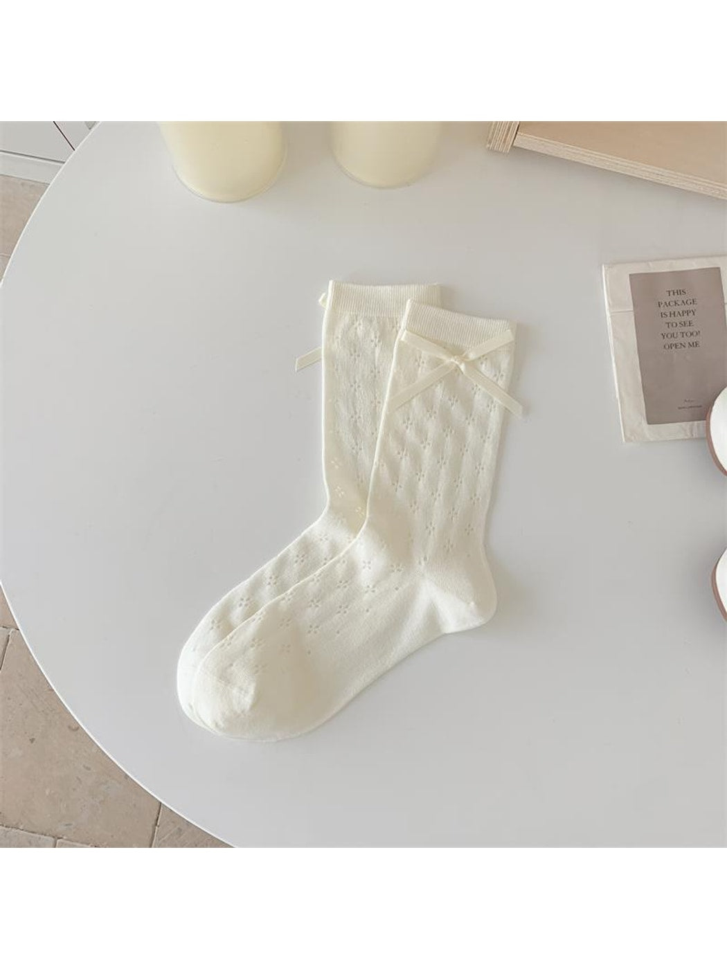 Rufia - White Bow Accent Openwork Crew Socks