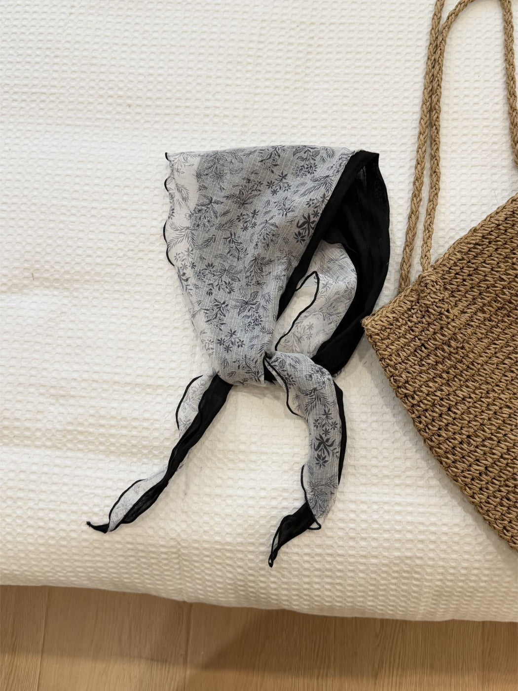 Scarvii boho floral triangle bandana scarf styled as a headband on model