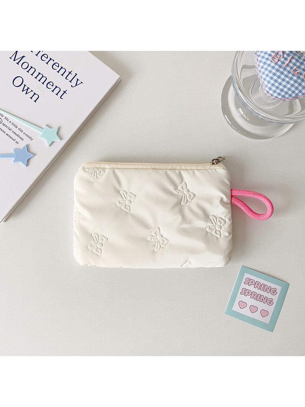 Cosbai - Quilted Heart Pattern Zip Pouch Bag