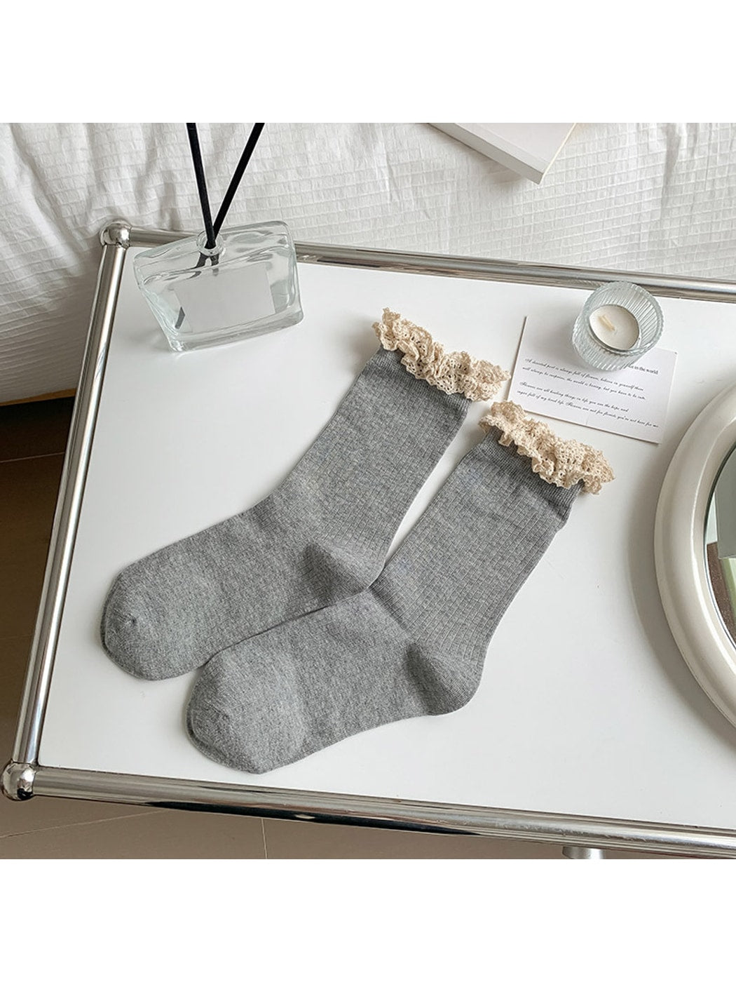 Rufia - Solid Color Ribbed Lace Trim Crew Socks