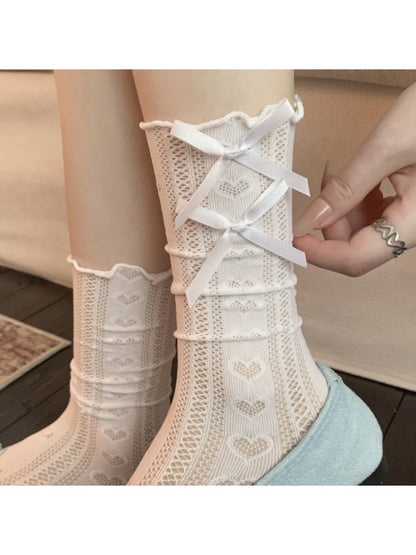 Rufia - Double Bow Openwork Heart Pattern Crew Socks