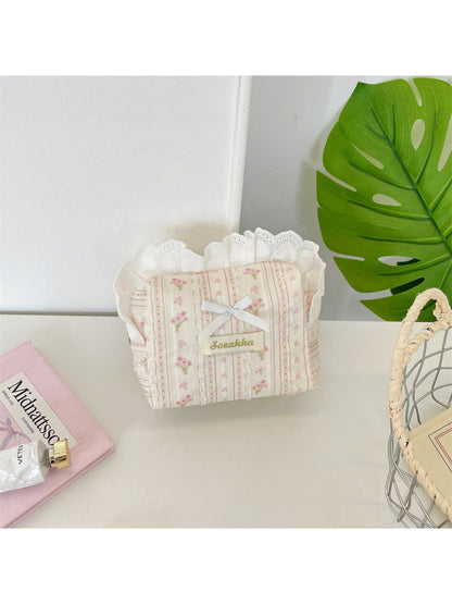 Cosbai - Floral Stripe Ruffle Trim Bow Pouch
