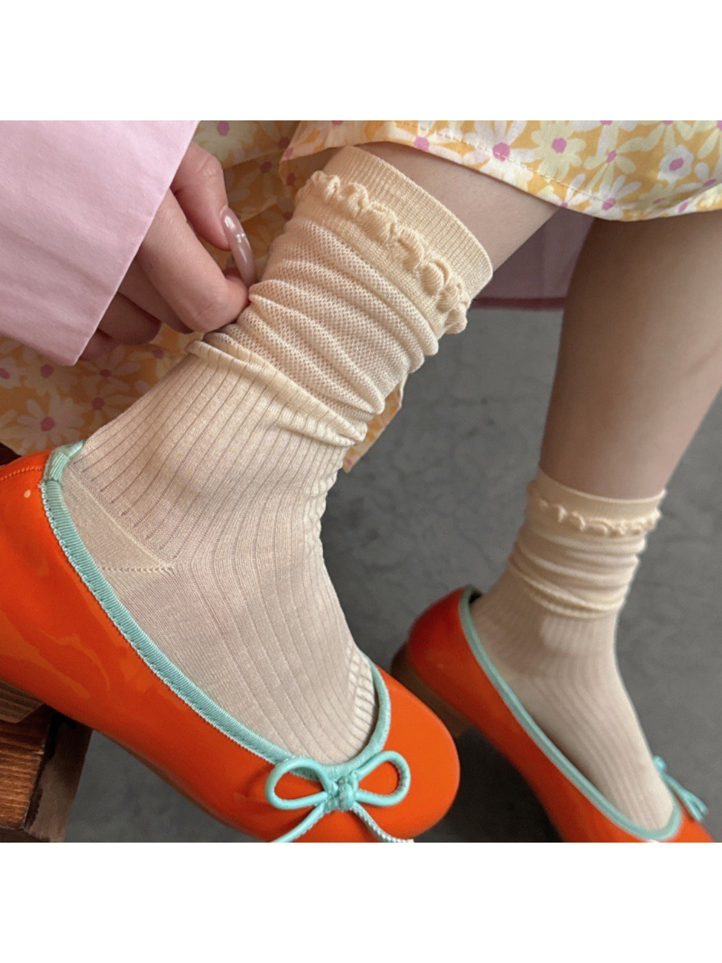 Pair of Rufia Loop Trim Ribbed Crew Socks in beige with loop trim detail