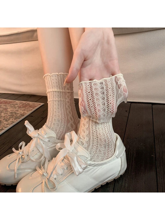 Rufia - Muted Cable Lace Ruffle Crew Socks