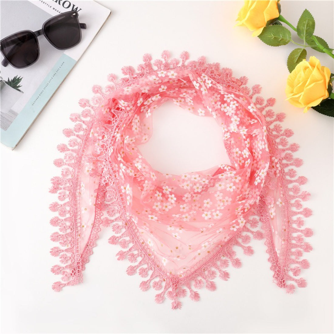 Haila Daisy Lace Triangle Veil Scarf displayed on mannequin highlighting lace texture