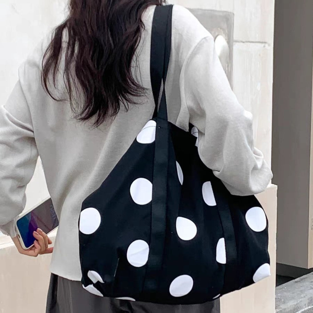 Close-up of Cosbai Bold Dot Print shopper tote bag showing bold dot print design