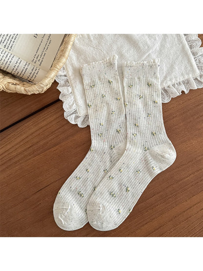 Rufia - Floral Pattern Ribbed Crew Socks