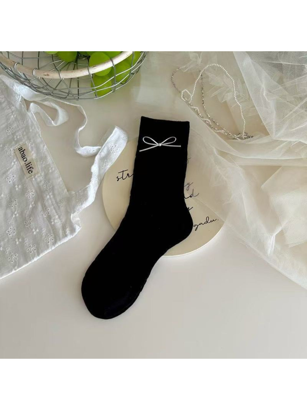 Rufia - Soft Lace Knit Bow Crew Socks