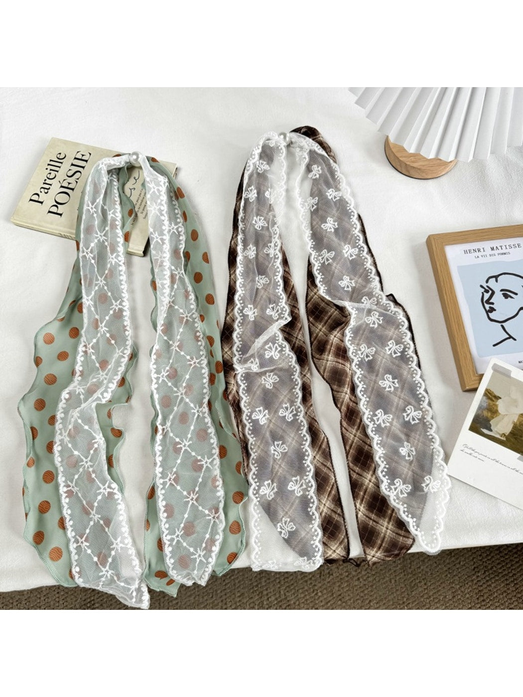 Scarvii - Polka Dot Lace-Edge Long Narrow Neck Scarf