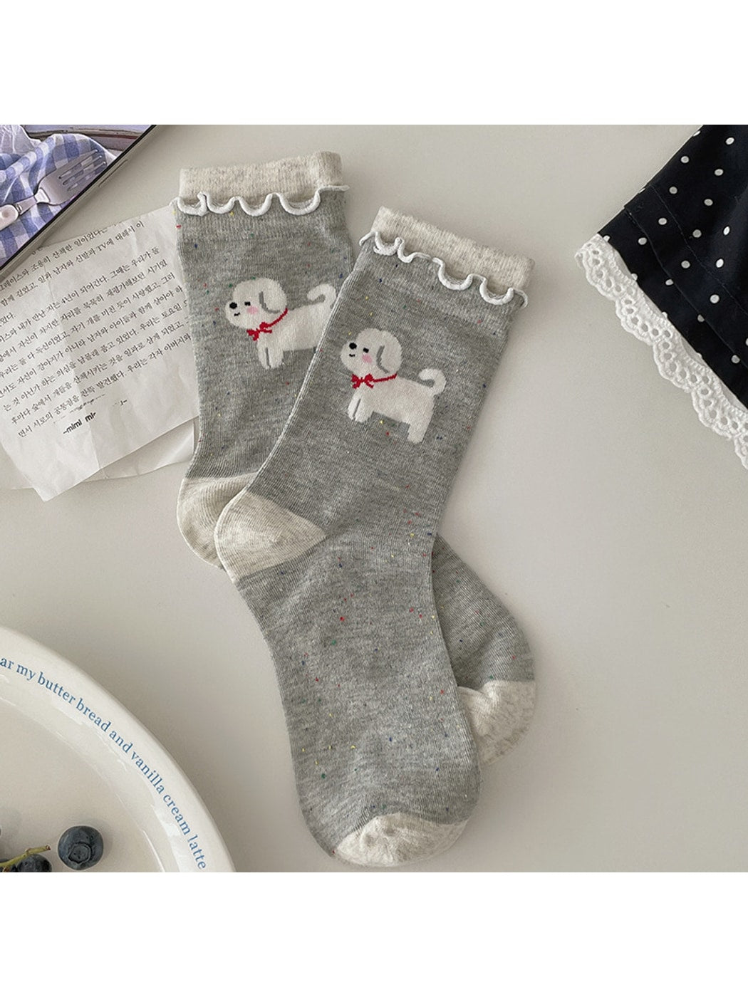 Rufia - Cartoon Dog Ruffle Cuff Casual Crew Socks