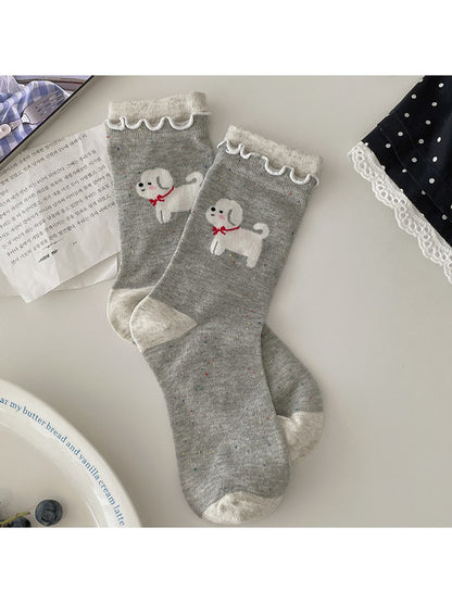 Rufia - Cartoon Dog Ruffle Cuff Casual Crew Socks
