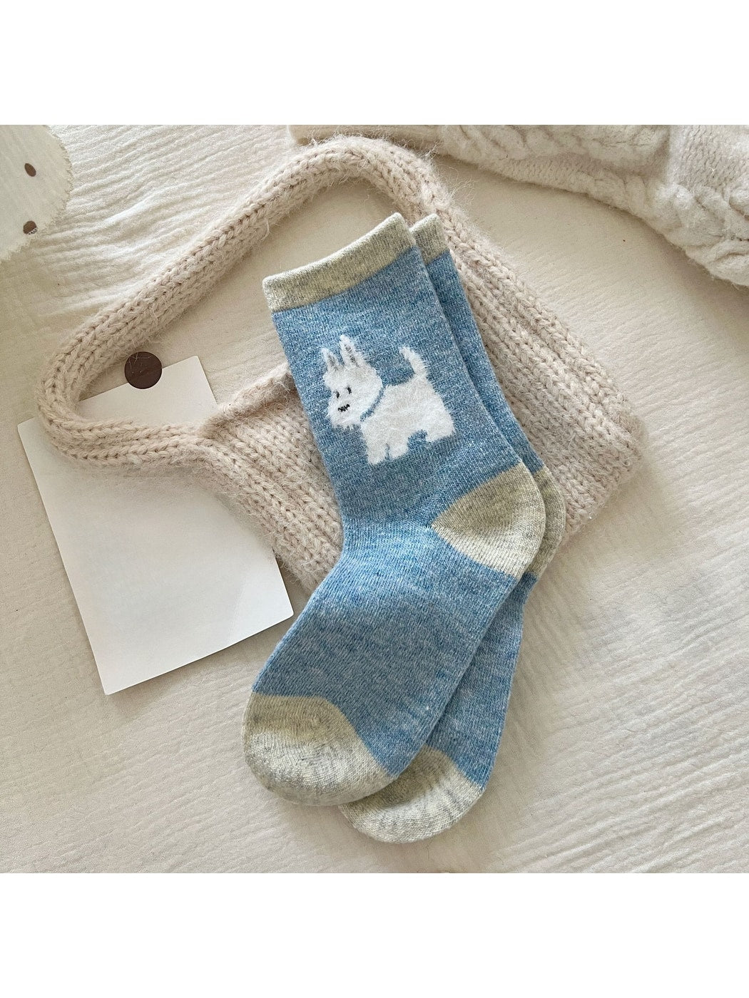 Rufia - Playful Dog Motif Colorblock Crew Socks