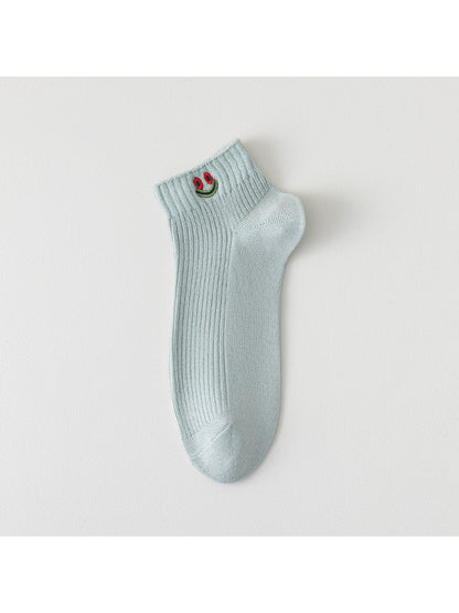 Rufia - Smiley Face Embroidered Ribbed Ankle Socks