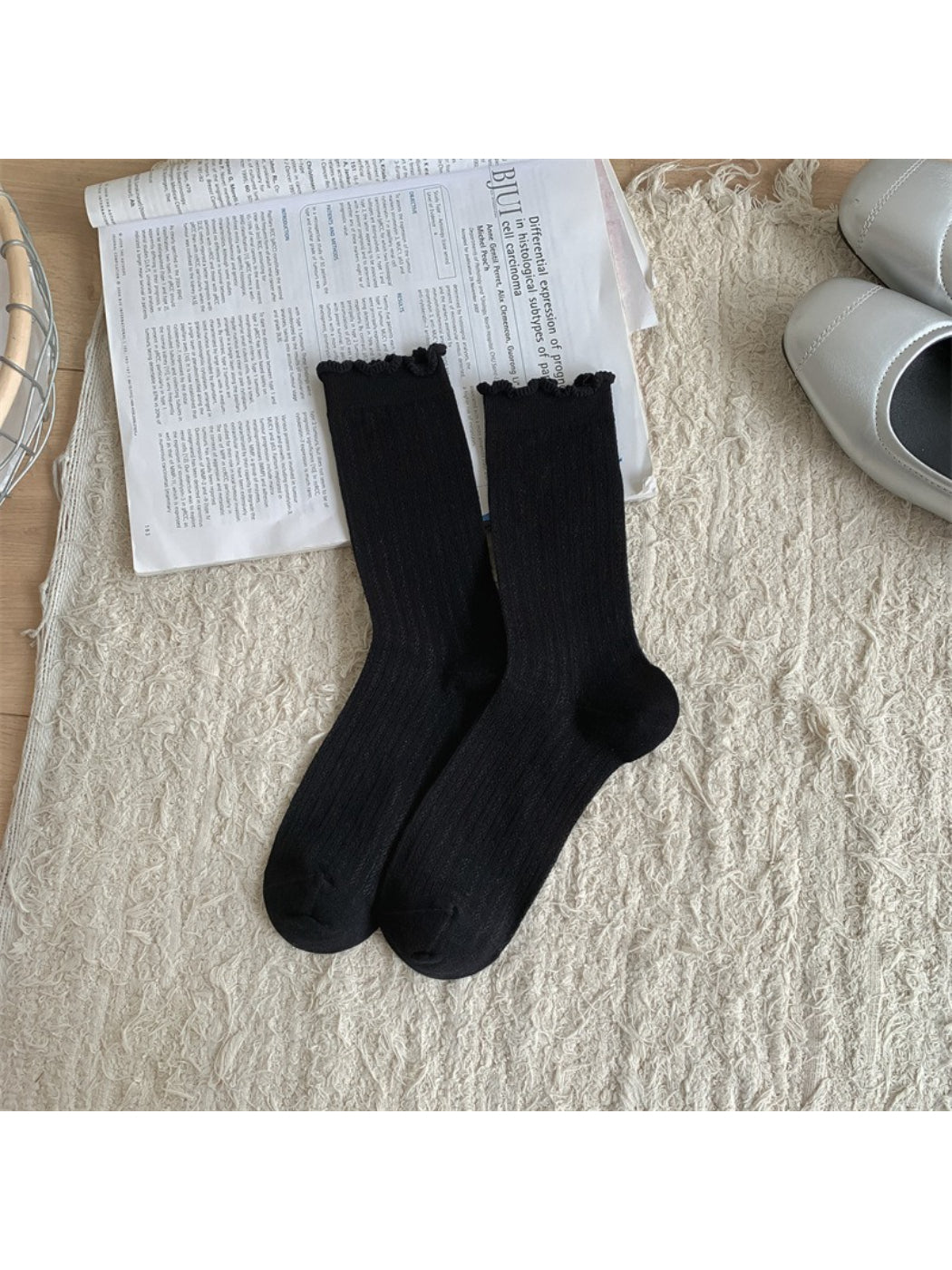 Rufia soft frill trim crew socks displayed flat to show full length and design