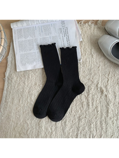 Rufia soft frill trim crew socks displayed flat to show full length and design