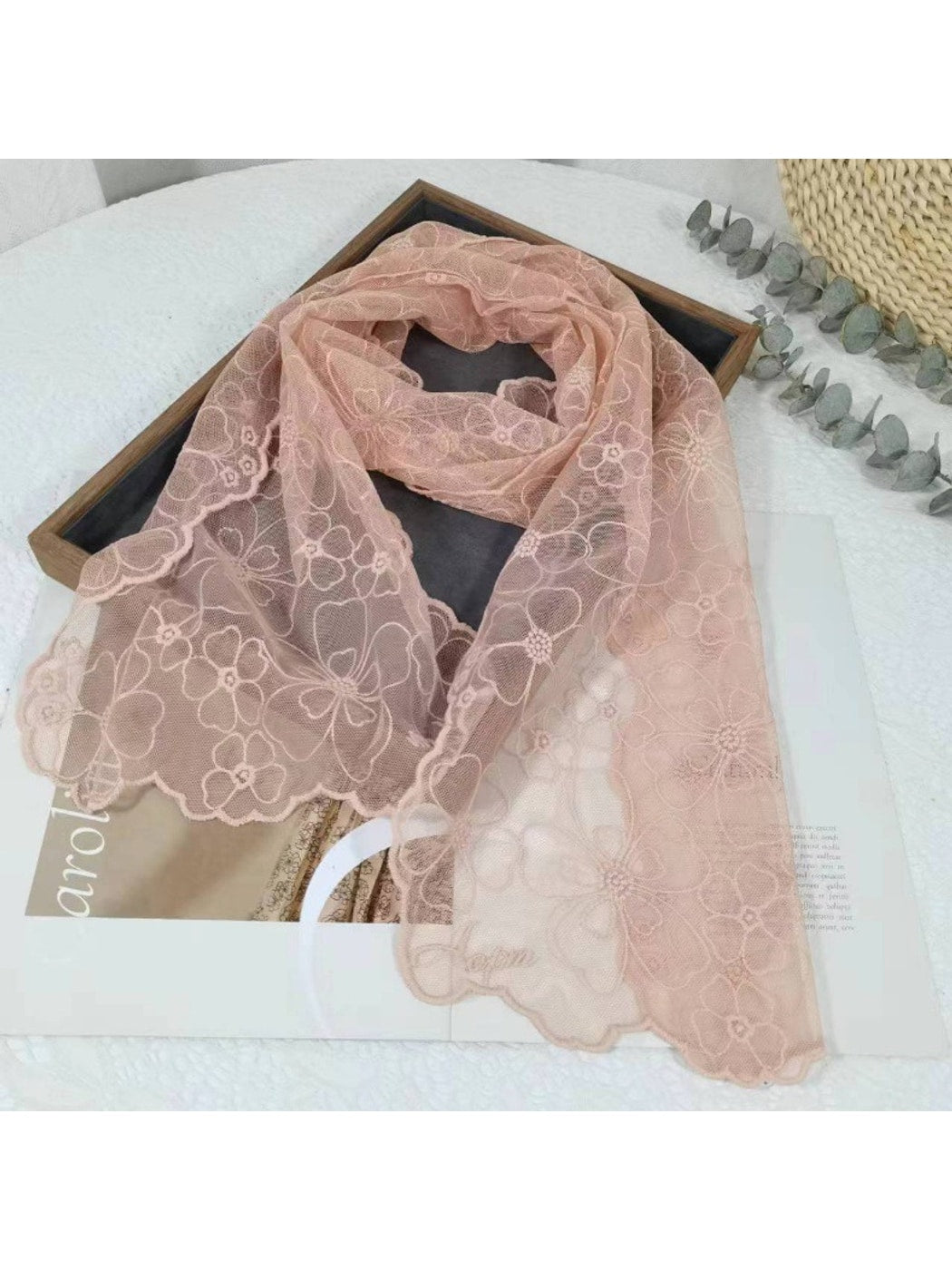Scarvii - Solid Color Floral Lace Long Scarf