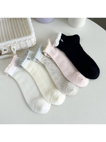 Rufia - Ruffle Trim Solid Color Ankle Socks