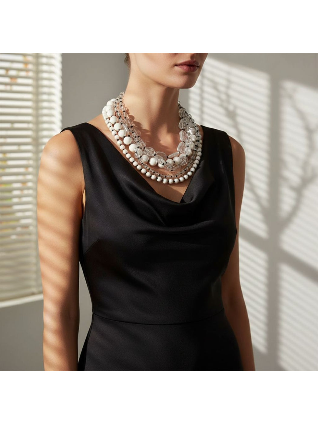 Close-up of Neckit layered bead necklace featuring crystal detail on a white background