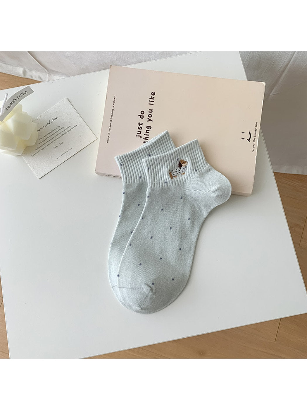 Rufia - Dog Embroidery Polka Dot Ankle Socks