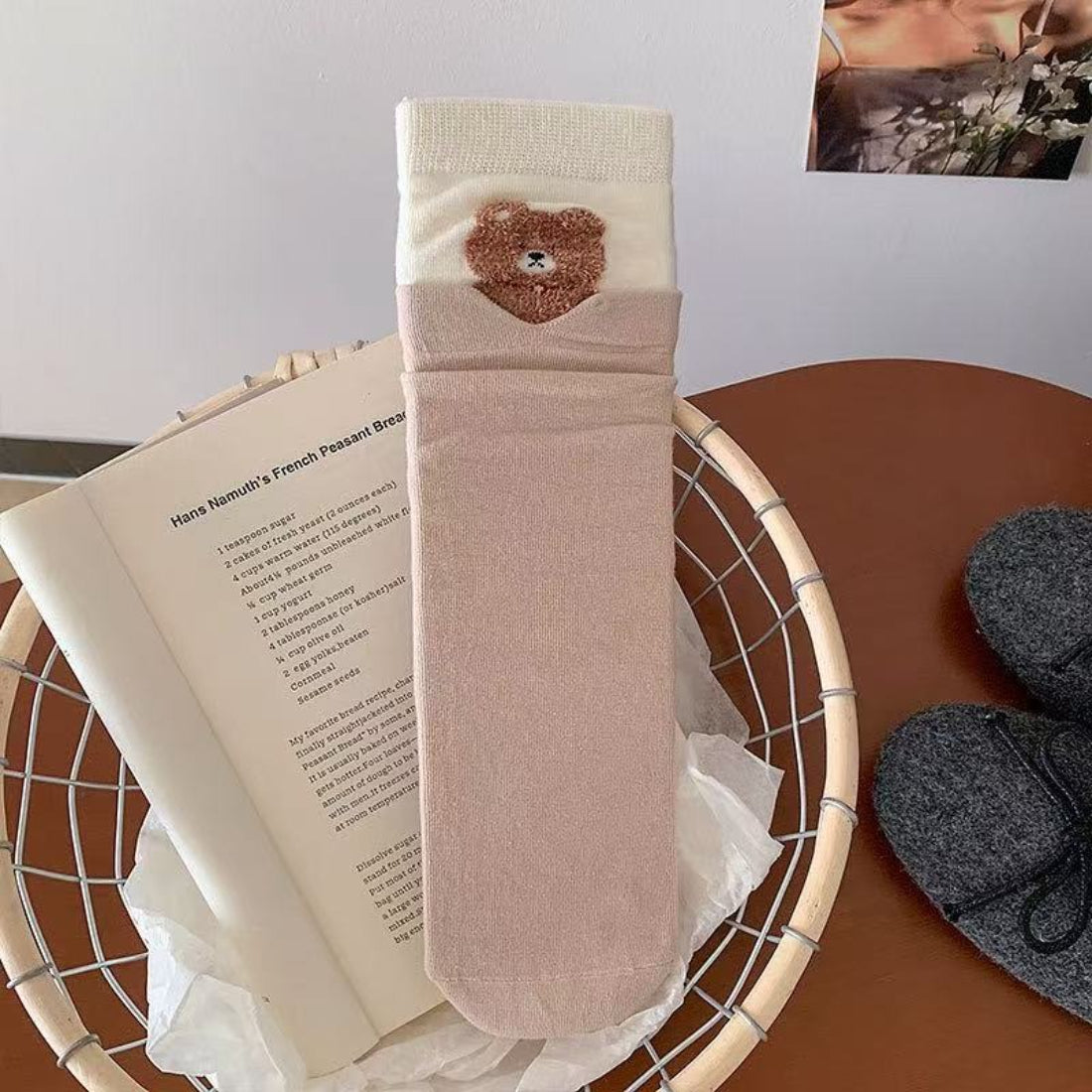 Rufia foldover socks laid flat showing full fox animal pattern