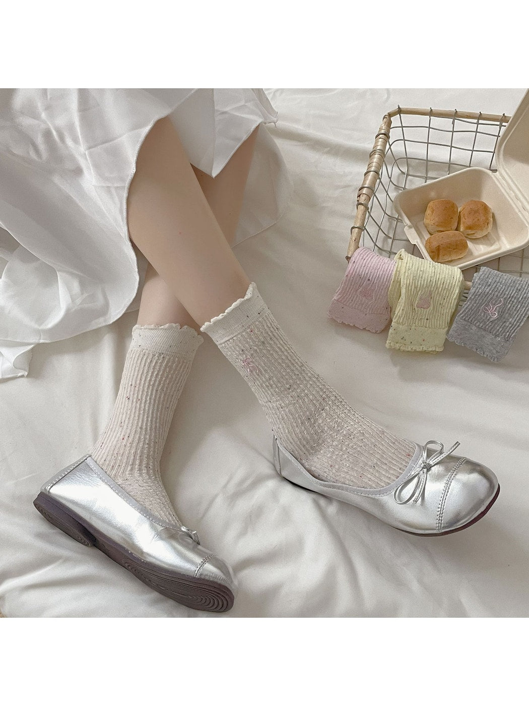 Rufia - Bow Embroidered Ruffle Cuff Heathered Crew Socks
