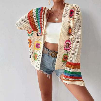 Crosa Bohemian Rainbow Crochet Cardigan color options including Beige, White
