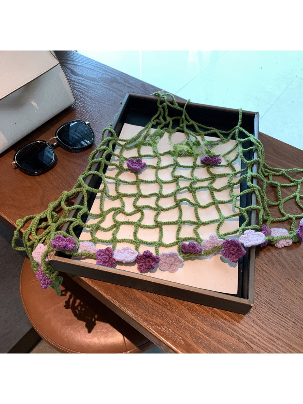 Scarvii - Openwork Floral Trim Triangle Scarf