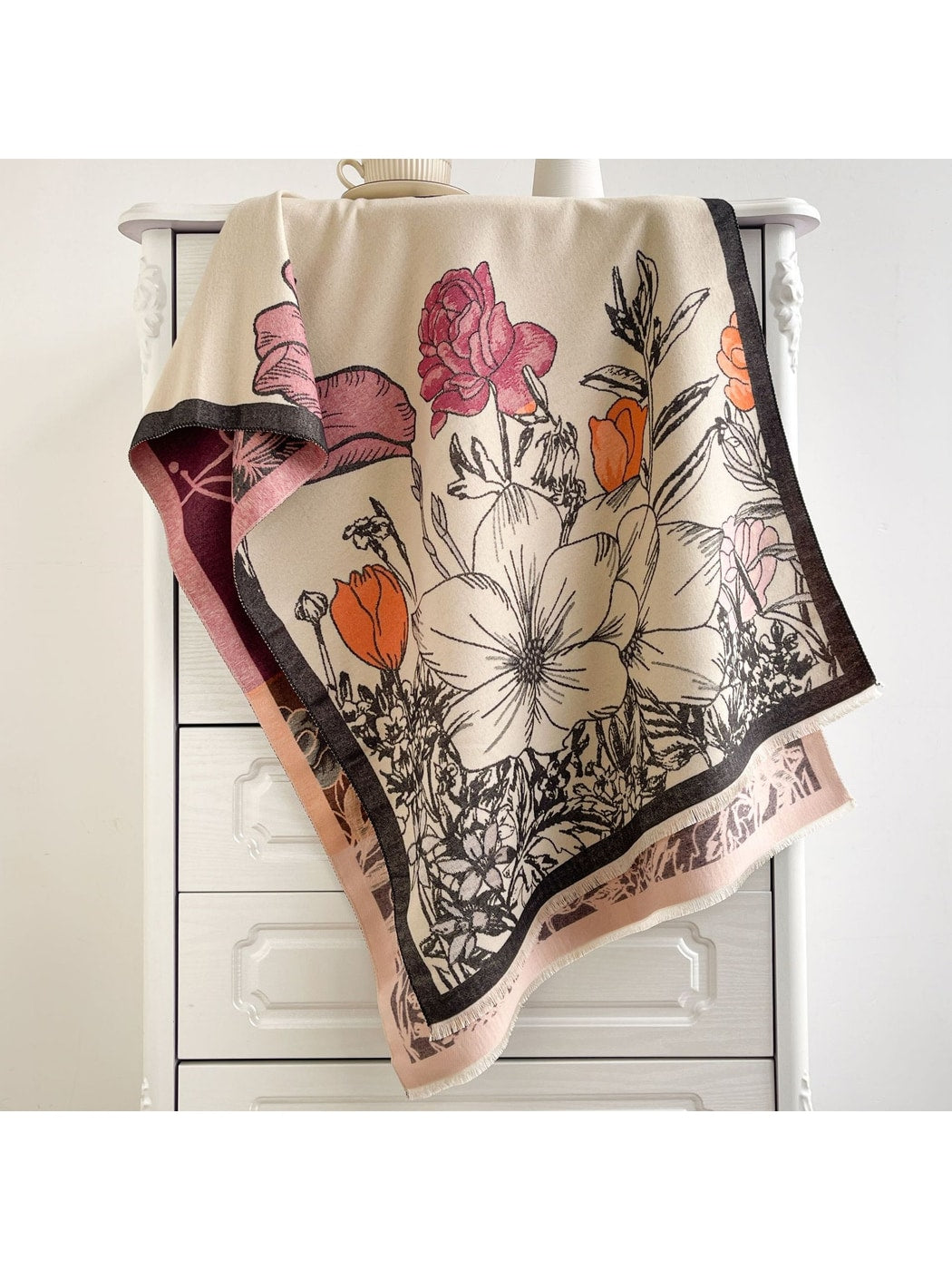 Scarvii - Contrast-Border Botanical Fringed Shawl
