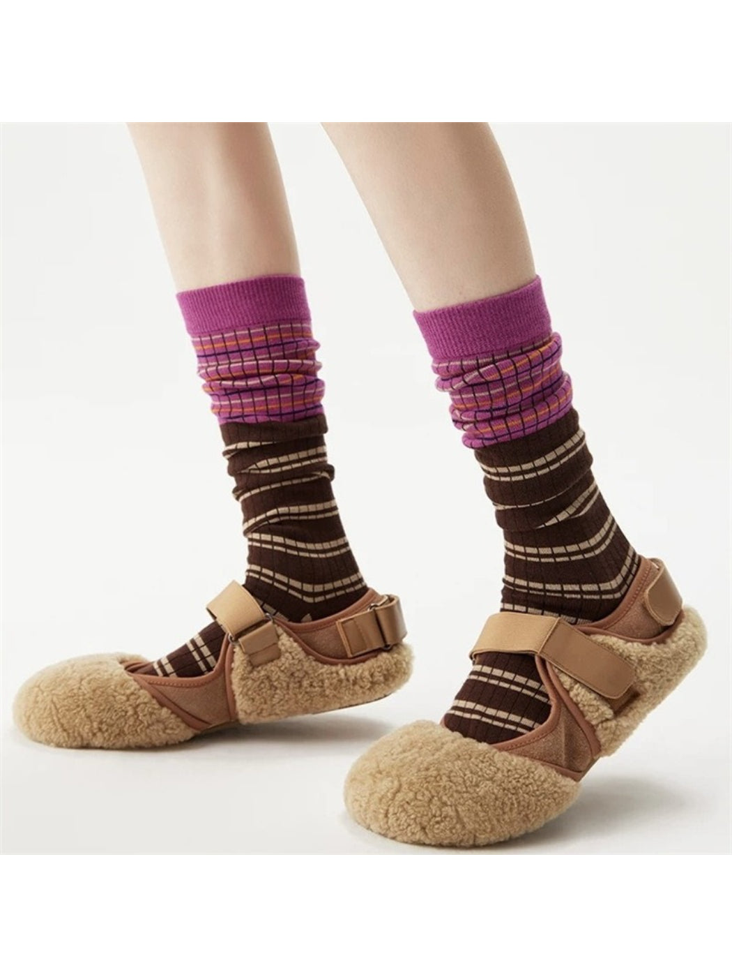 Rufia layered contrast stripe crew socks in white with black and gray stripes