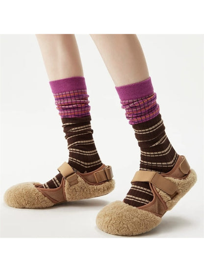 Rufia layered contrast stripe crew socks in white with black and gray stripes