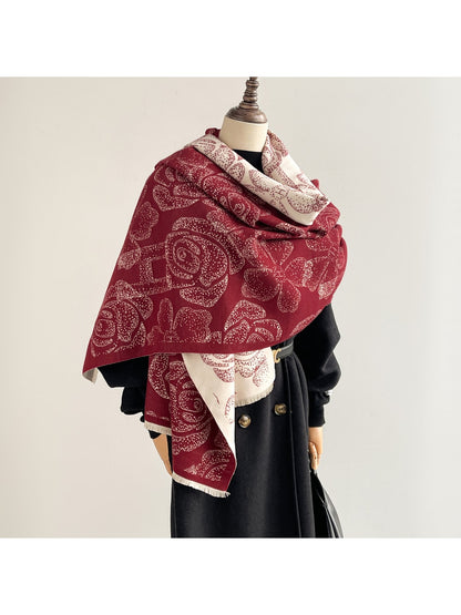 Scarvii - Reversible Rose Jacquard Fringed Scarf
