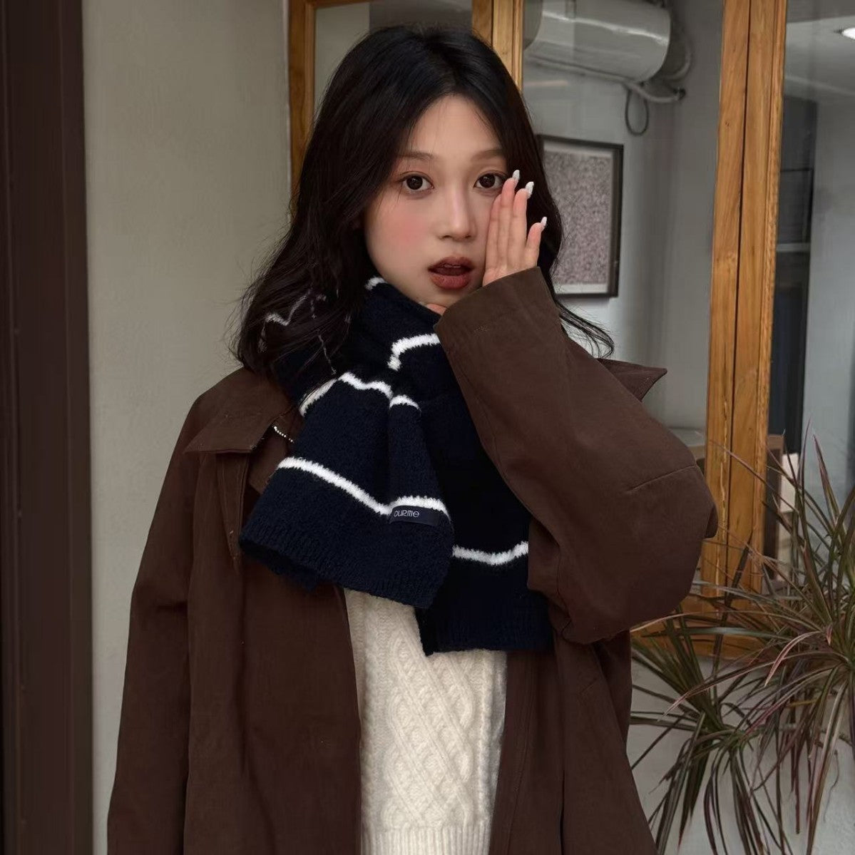 韩国条纹系列针织围巾女冬高级氛围感羊毛混纺学院风围脖情侣