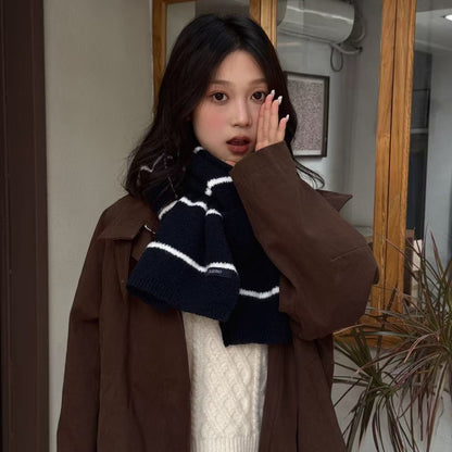 韩国条纹系列针织围巾女冬高级氛围感羊毛混纺学院风围脖情侣