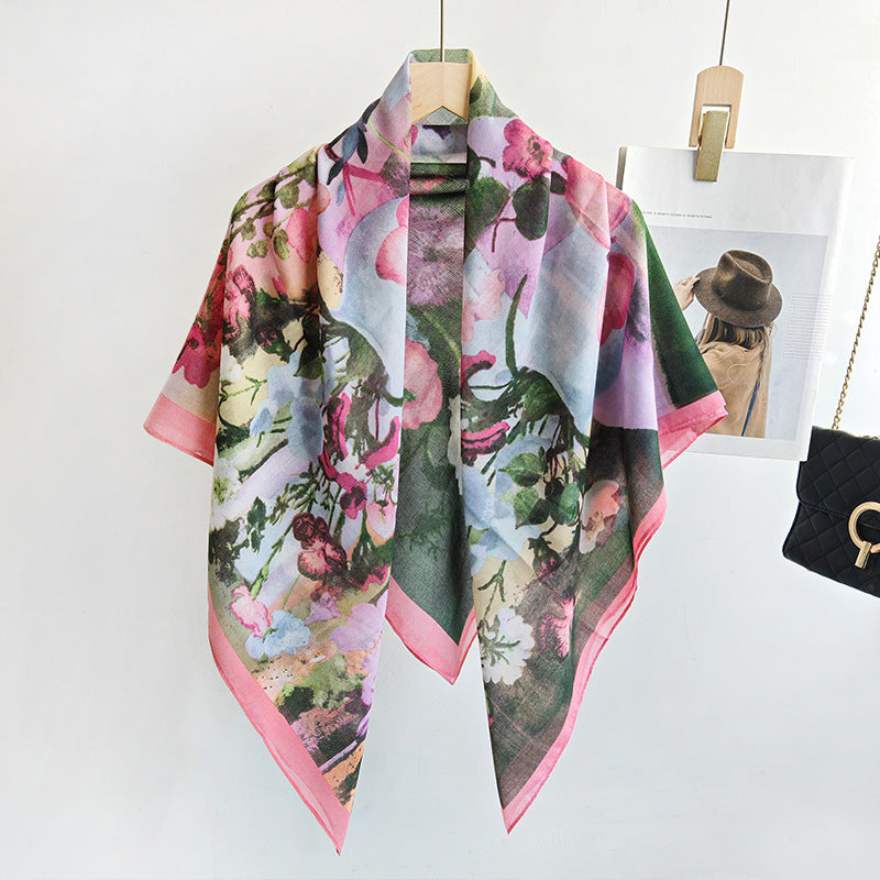Scarvii - Watercolor Floral Stitched-Edge Square Scarf