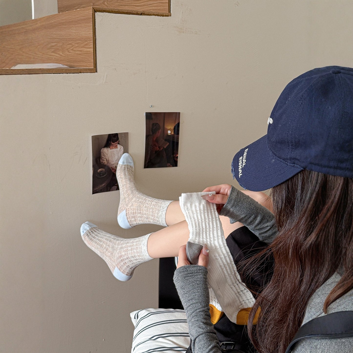 夏季薄款中筒袜子女镂空网眼撞色水晶丝无骨袜头网红欧美黑色潮袜