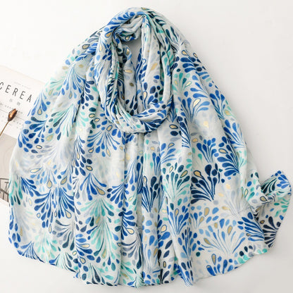 Blue Botanical Fountain Print Wrap Scarf, draped front view